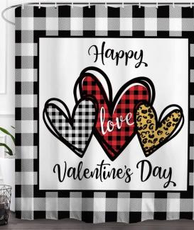 Mfilink Baccessor Happy Valentine’s Day Shower Curtain Buffalo Plaid Romantic Love Heart Shower Curtain Waterproof Washable Farmhouse Fabric Bathroom Decor with Hooks 72x72 Inch